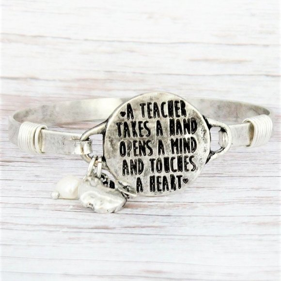 Bracelet. Teacher. Silver Bangle. Apple and Pearl Charms. NWT - Picture 2 of 2